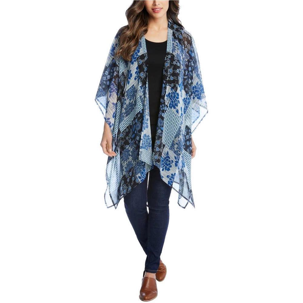 Patchwork Floral‎ Open Front Kimono Sz S Karen Kane Boho Sheer Layering Artsy